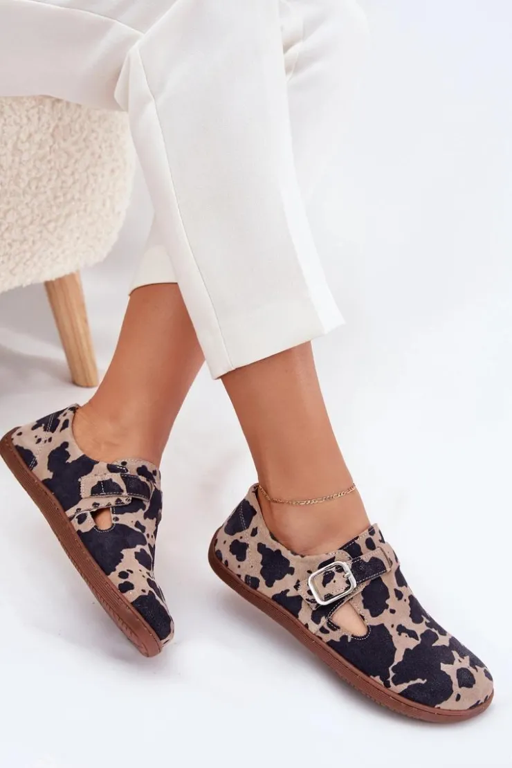 Zazoo Zamszowe Półbuty Barefoot Damskie Z Klamrą Łaty N1261 Brązowo-Beżowe Brązowy