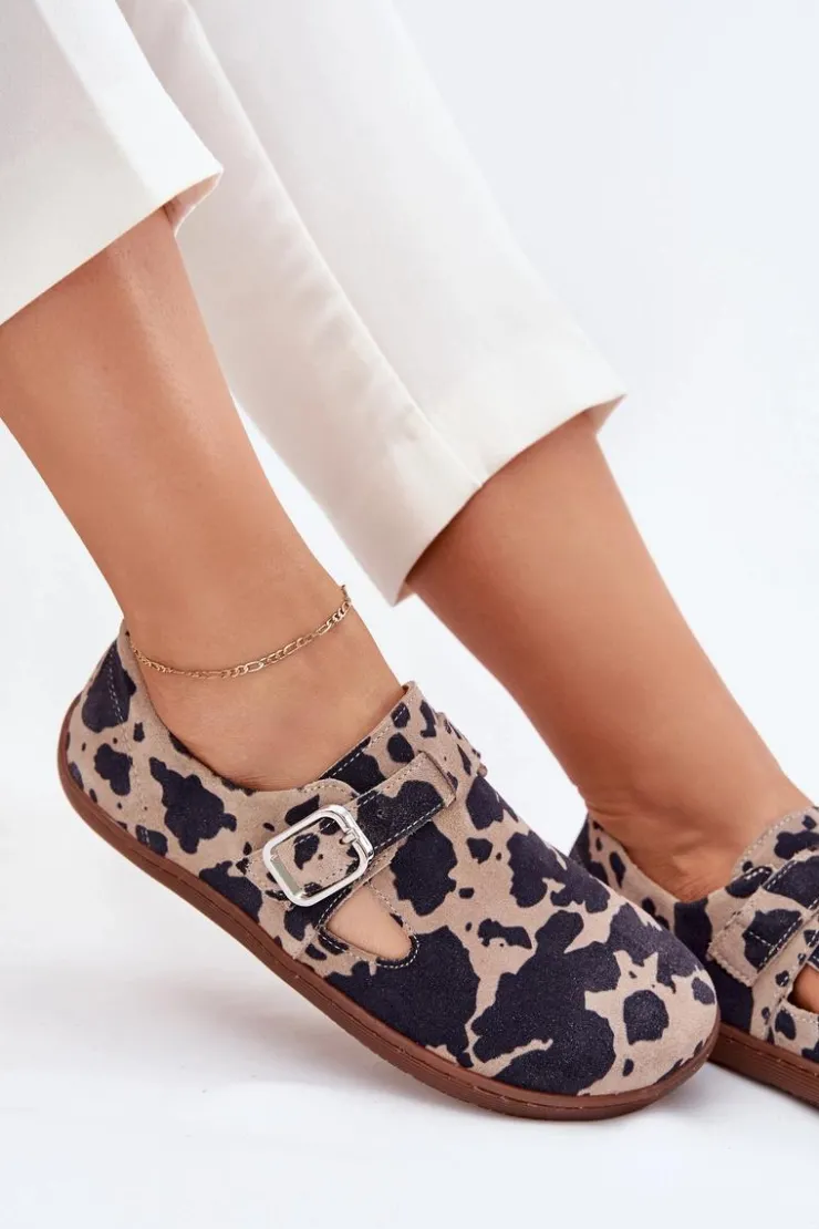 Zazoo Zamszowe Półbuty Barefoot Damskie Z Klamrą Łaty N1261 Brązowo-Beżowe Brązowy