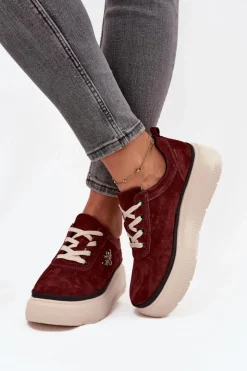 Discount Buty damskie Vinceza Zamszowe Półbuty Damskie Na Platformie Z Przypinką Vinceza 41495 Bordowe Czerwony