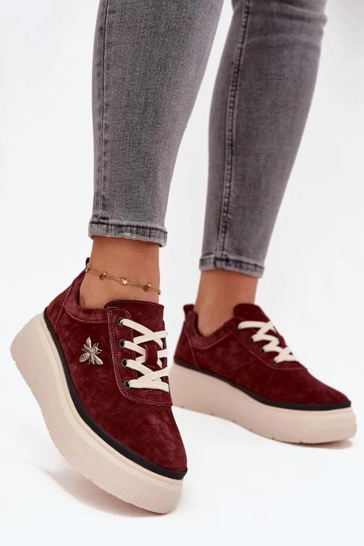 Discount Buty damskie Vinceza Zamszowe Półbuty Damskie Na Platformie Z Przypinką Vinceza 41495 Bordowe Czerwony