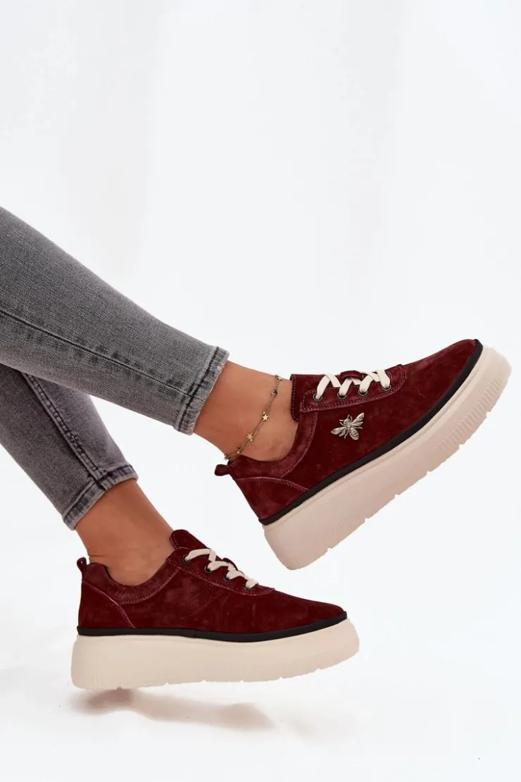 Discount Buty damskie Vinceza Zamszowe Półbuty Damskie Na Platformie Z Przypinką Vinceza 41495 Bordowe Czerwony