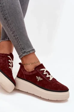 Discount Buty damskie Vinceza Zamszowe Półbuty Damskie Na Platformie Z Przypinką Vinceza 41495 Bordowe Czerwony