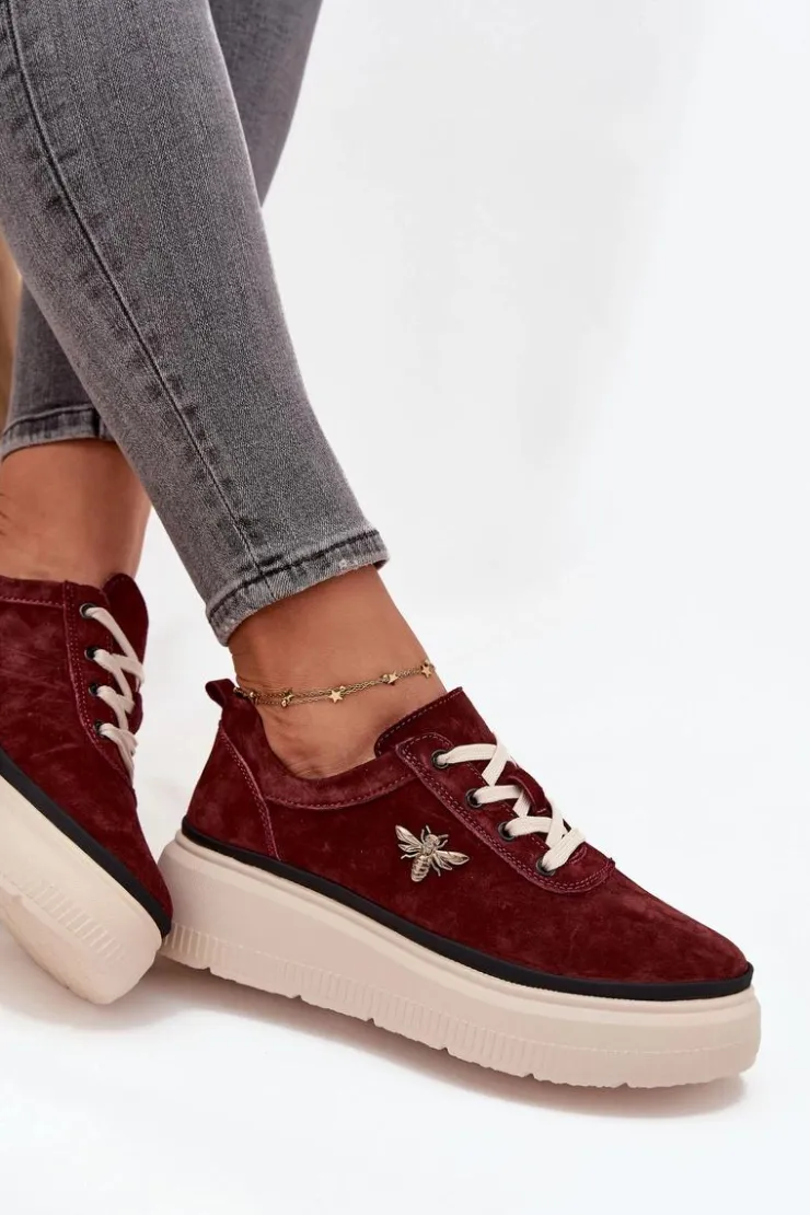 Discount Buty damskie Vinceza Zamszowe Półbuty Damskie Na Platformie Z Przypinką Vinceza 41495 Bordowe Czerwony