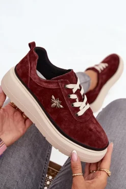 Discount Buty damskie Vinceza Zamszowe Półbuty Damskie Na Platformie Z Przypinką Vinceza 41495 Bordowe Czerwony