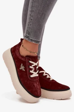 Discount Buty damskie Vinceza Zamszowe Półbuty Damskie Na Platformie Z Przypinką Vinceza 41495 Bordowe Czerwony