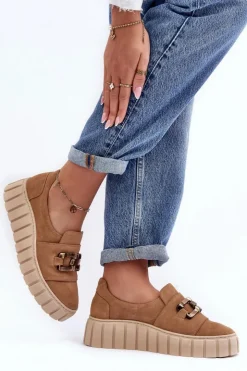 Boto Półbuty Skórzane*Zamszowe Półbuty Damskie Na Platformie Z Ozdobą Ciemnobeżowe Lewski 3398 Beżowy