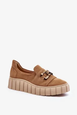 Boto Półbuty Skórzane*Zamszowe Półbuty Damskie Na Platformie Z Ozdobą Ciemnobeżowe Lewski 3398 Beżowy