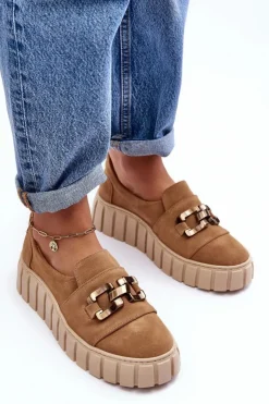 Boto Półbuty Skórzane*Zamszowe Półbuty Damskie Na Platformie Z Ozdobą Ciemnobeżowe Lewski 3398 Beżowy