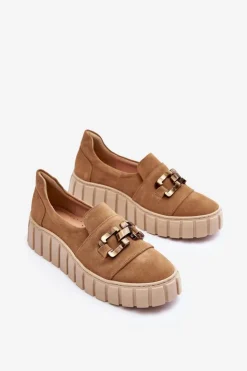 Boto Półbuty Skórzane*Zamszowe Półbuty Damskie Na Platformie Z Ozdobą Ciemnobeżowe Lewski 3398 Beżowy