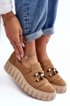 Boto Półbuty Skórzane*Zamszowe Półbuty Damskie Na Platformie Z Ozdobą Ciemnobeżowe Lewski 3398 Beżowy