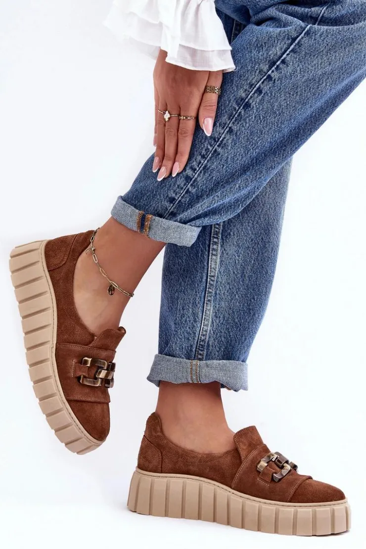 Boto Zamszowe Półbuty Damskie Na Platformie Z Ozdobą Brązowe Lewski 3398