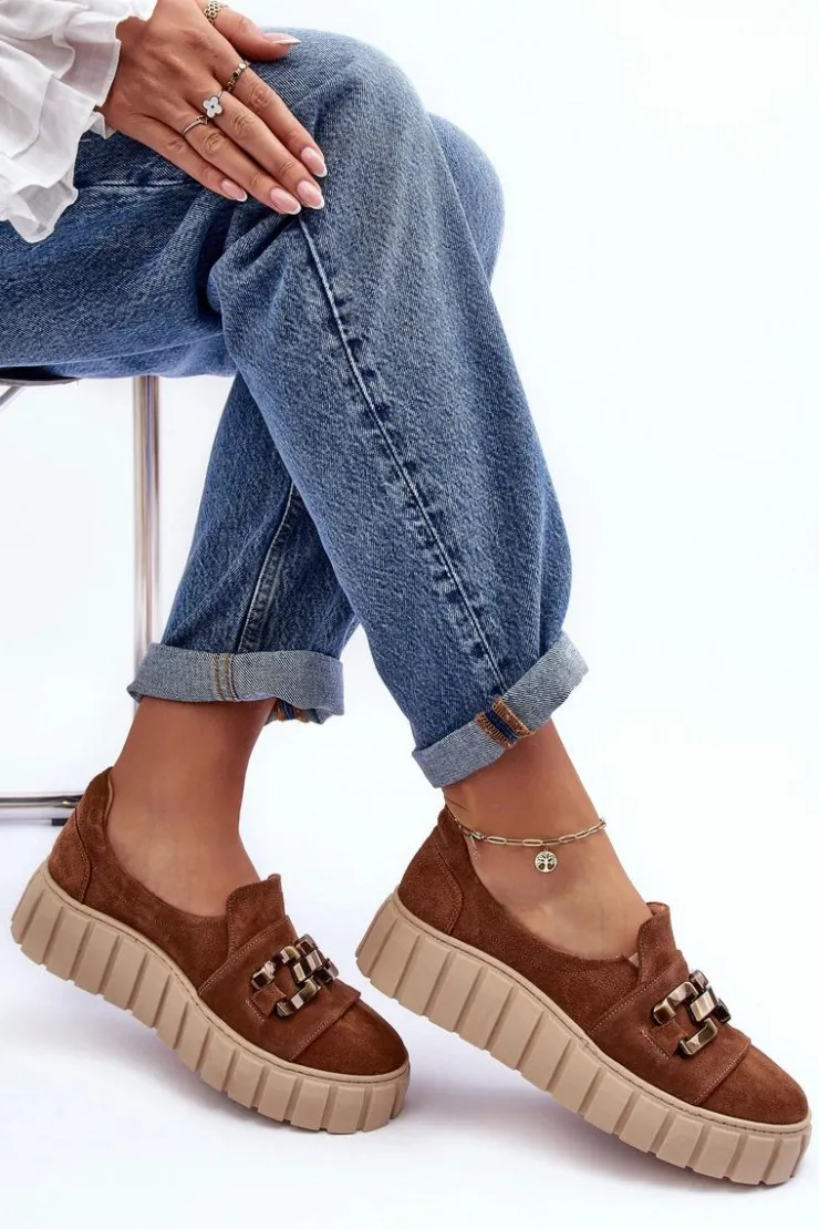 Boto Zamszowe Półbuty Damskie Na Platformie Z Ozdobą Brązowe Lewski 3398