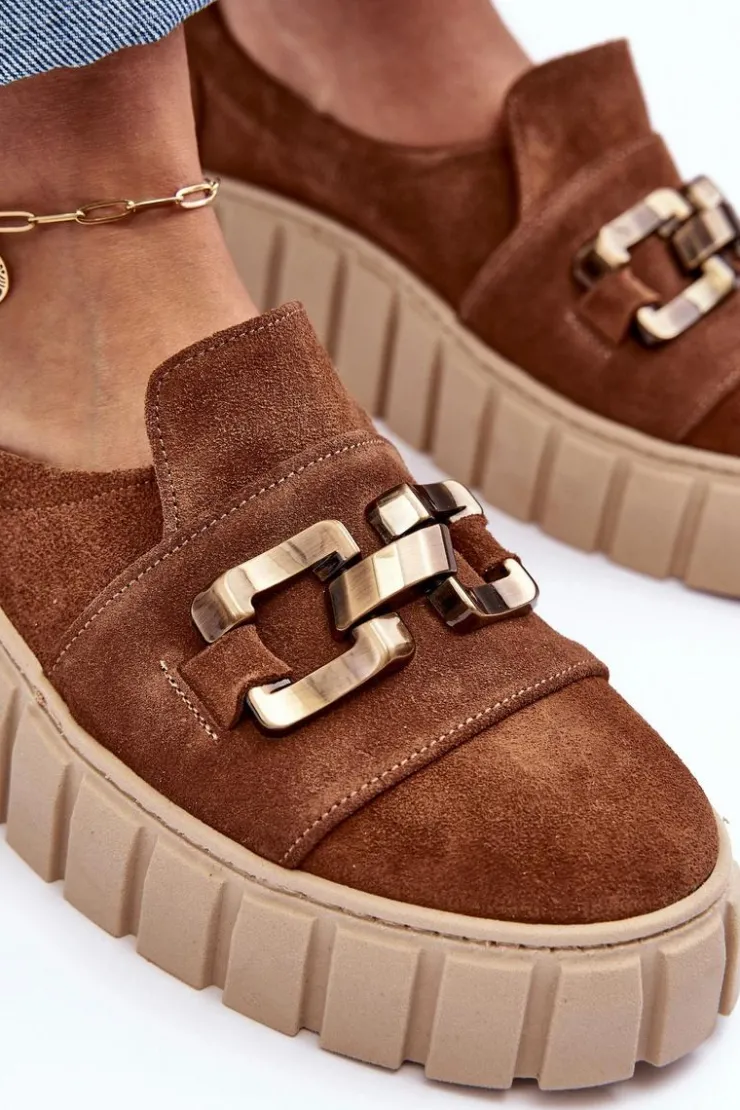 Boto Zamszowe Półbuty Damskie Na Platformie Z Ozdobą Brązowe Lewski 3398