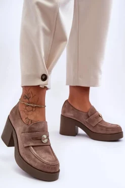 New Boto Zamszowe Półbuty Damskie Na Słupku Beżowe Lemar Dunadia Beżowy