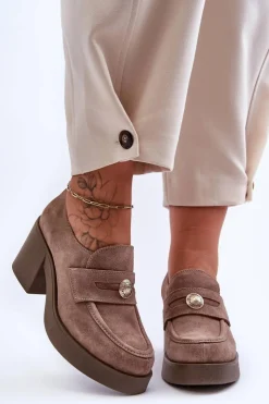 New Boto Zamszowe Półbuty Damskie Na Słupku Beżowe Lemar Dunadia Beżowy