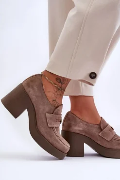 New Boto Zamszowe Półbuty Damskie Na Słupku Beżowe Lemar Dunadia Beżowy
