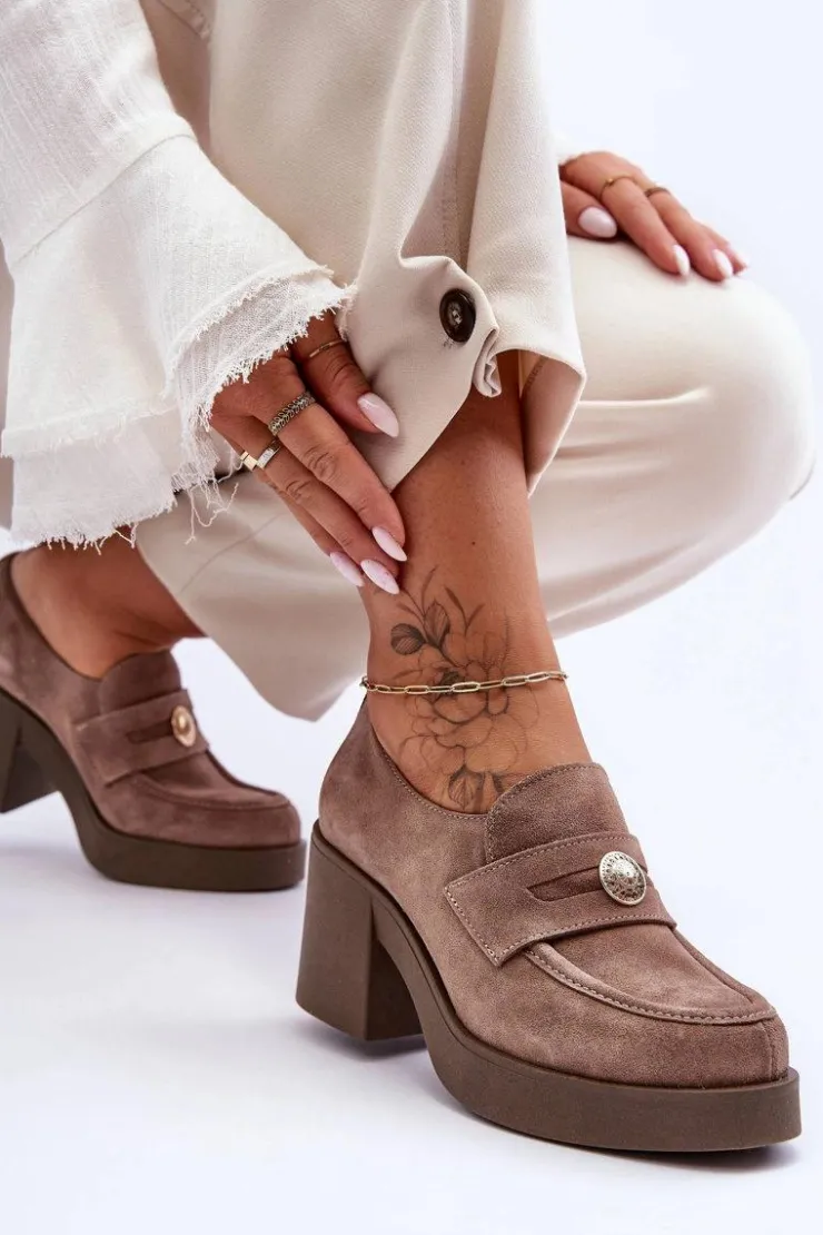 New Boto Zamszowe Półbuty Damskie Na Słupku Beżowe Lemar Dunadia Beżowy