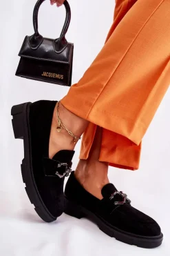 Damskie Boto Zamszowe Półbuty Loafery Z Ozdobą Czarne Janissa