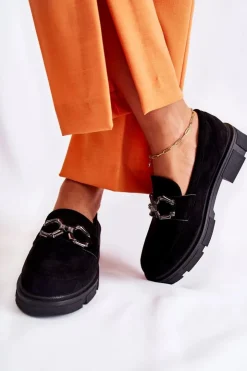 Damskie Boto Zamszowe Półbuty Loafery Z Ozdobą Czarne Janissa