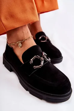 Damskie Boto Zamszowe Półbuty Loafery Z Ozdobą Czarne Janissa