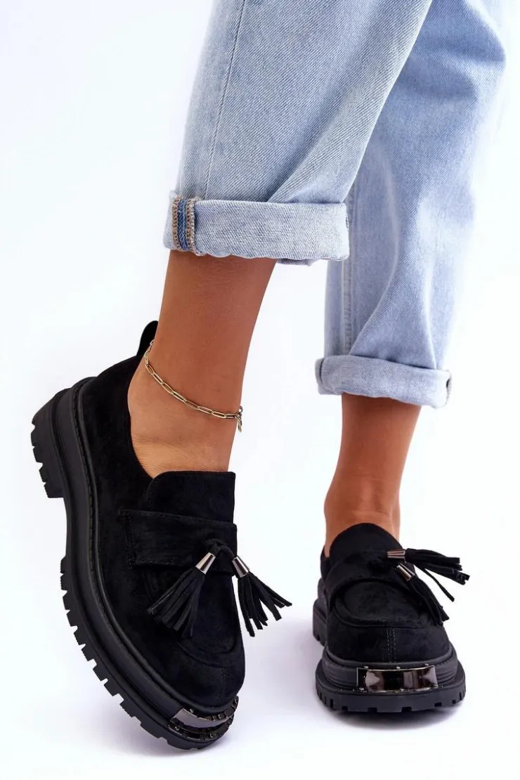 New Boto Zamszowe Półbuty Mokasyny Damskie Czarne Ramvli