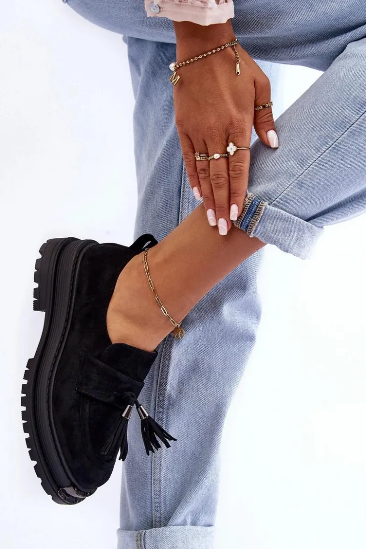 New Boto Zamszowe Półbuty Mokasyny Damskie Czarne Ramvli