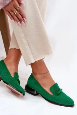 Damskie buty S.Barski Półbuty Skórzane|Mokasyny Damskie Zamszowe*Zamszowe Półbuty Mokasyny Damskie Z Ozdobą D&A LZ51-505 Zielone