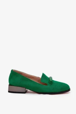 Damskie buty S.Barski Półbuty Skórzane|Mokasyny Damskie Zamszowe*Zamszowe Półbuty Mokasyny Damskie Z Ozdobą D&A LZ51-505 Zielone