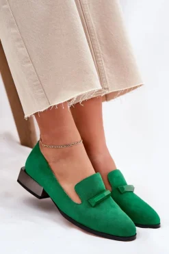 Damskie buty S.Barski Półbuty Skórzane|Mokasyny Damskie Zamszowe*Zamszowe Półbuty Mokasyny Damskie Z Ozdobą D&A LZ51-505 Zielone