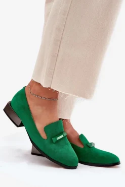 Damskie buty S.Barski Półbuty Skórzane|Mokasyny Damskie Zamszowe*Zamszowe Półbuty Mokasyny Damskie Z Ozdobą D&A LZ51-505 Zielone