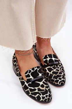 Hot Damskie buty S.Barski Zamszowe Półbuty Mokasyny Damskie Z Ozdobą D&A LZ51-505 Czarno-Złote