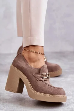 Damskie Boto Zamszowe Półbuty Na Masywnym Słupku Beżowe Lemar Jaime