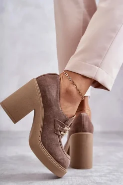 Damskie Boto Zamszowe Półbuty Na Masywnym Słupku Beżowe Lemar Jaime