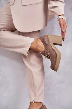 Damskie Boto Zamszowe Półbuty Na Masywnym Słupku Beżowe Lemar Jaime