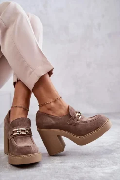 Damskie Boto Zamszowe Półbuty Na Masywnym Słupku Beżowe Lemar Jaime