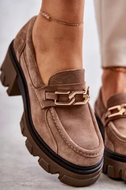 Boto Półbuty Skórzane|Mokasyny Damskie Zamszowe*Zamszowe Półbuty Na Obcasie Ze Złotą Ozdobą Brązowe Lemar Lurdes