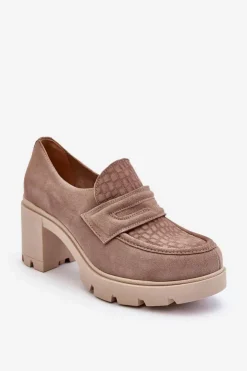 Boto Półbuty Skórzane*Zamszowe Półbuty Na Słupku I Platformie Ciemnobeżowe Lemar Arabell