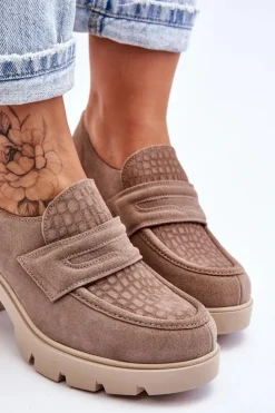 Boto Półbuty Skórzane*Zamszowe Półbuty Na Słupku I Platformie Ciemnobeżowe Lemar Arabell
