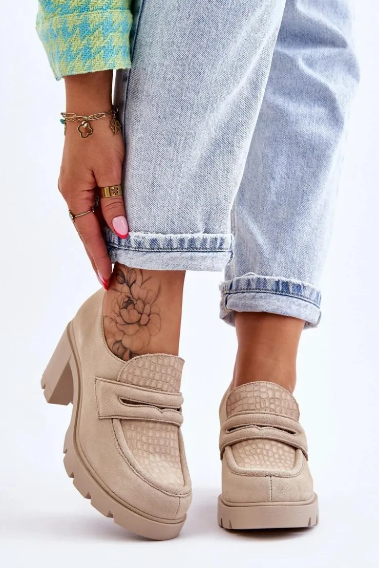 Damskie Boto Zamszowe Półbuty Na Słupku I Platformie Jasnobeżowe Lemar Arabell