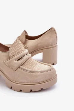 Damskie Boto Zamszowe Półbuty Na Słupku I Platformie Jasnobeżowe Lemar Arabell