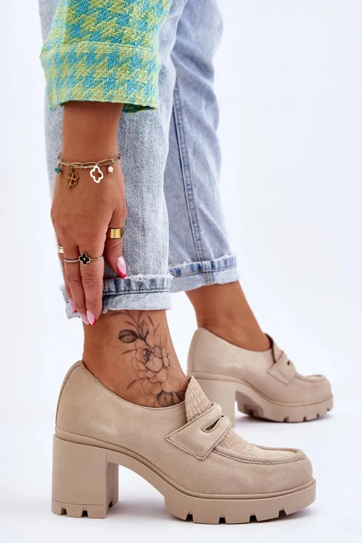 Damskie Boto Zamszowe Półbuty Na Słupku I Platformie Jasnobeżowe Lemar Arabell