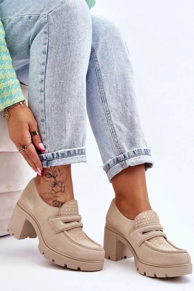 Damskie Boto Zamszowe Półbuty Na Słupku I Platformie Jasnobeżowe Lemar Arabell