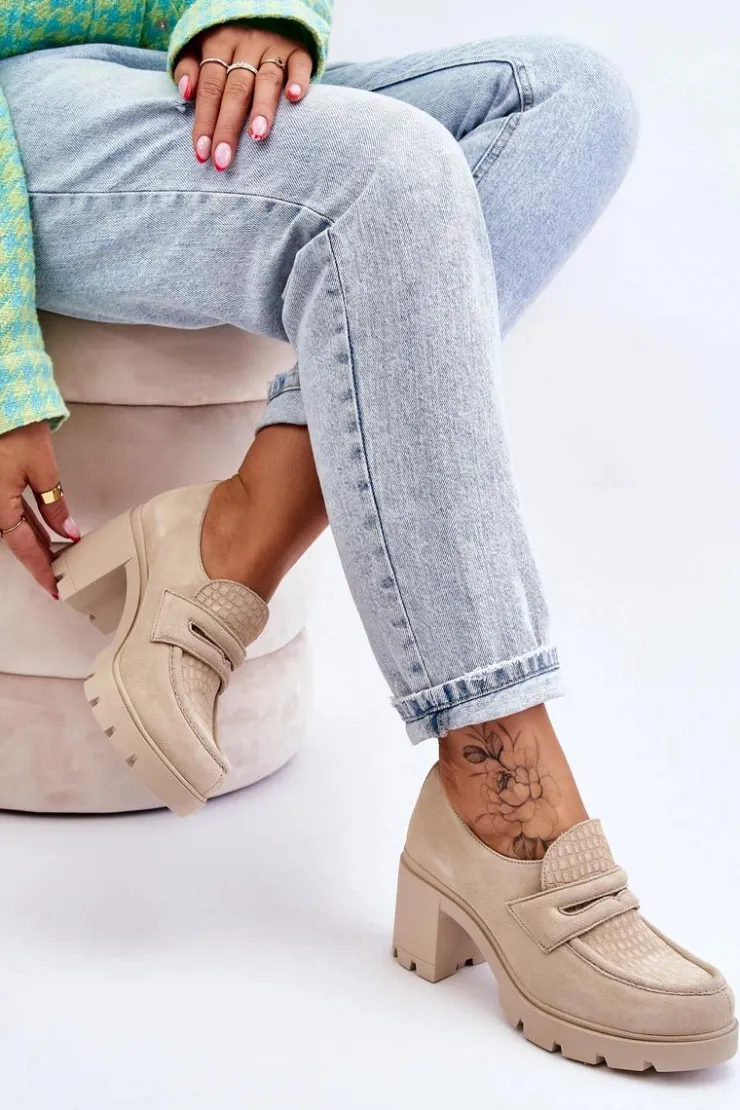 Damskie Boto Zamszowe Półbuty Na Słupku I Platformie Jasnobeżowe Lemar Arabell