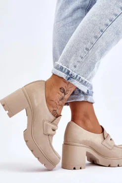 Damskie Boto Zamszowe Półbuty Na Słupku I Platformie Jasnobeżowe Lemar Arabell