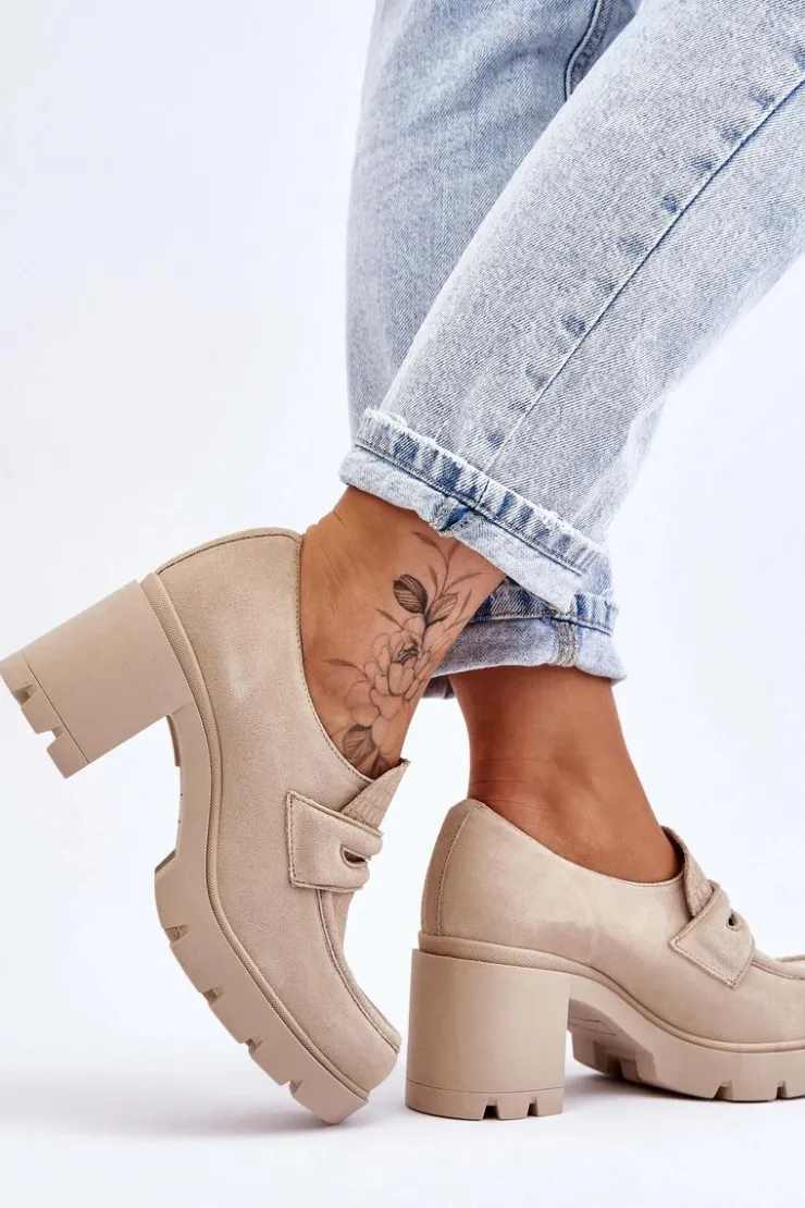Damskie Boto Zamszowe Półbuty Na Słupku I Platformie Jasnobeżowe Lemar Arabell