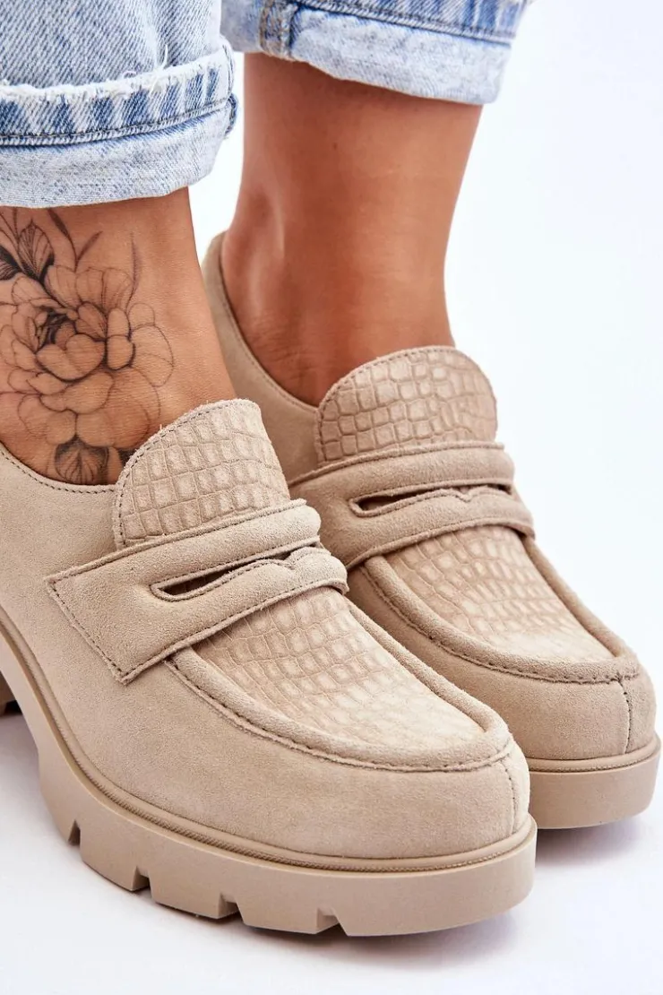 Damskie Boto Zamszowe Półbuty Na Słupku I Platformie Jasnobeżowe Lemar Arabell