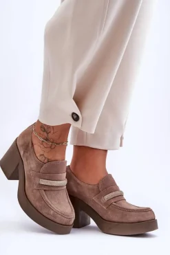 Boto Półbuty Skórzane*Zamszowe Półbuty Na Słupku Z Ozdobą Beżowe Lemar Gelanor Beżowy