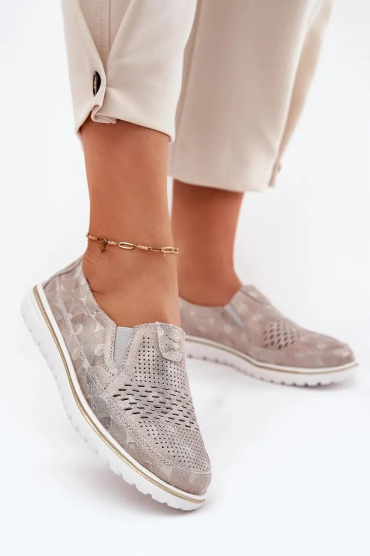 Discount Evento Zamszowe Półbuty Wsuwane Beżowo-Złote Inez