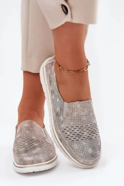 Discount Evento Zamszowe Półbuty Wsuwane Beżowo-Złote Inez