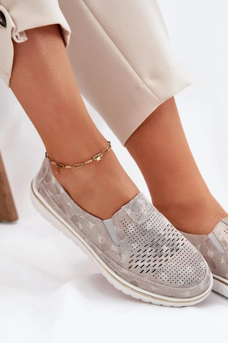 Discount Evento Zamszowe Półbuty Wsuwane Beżowo-Złote Inez